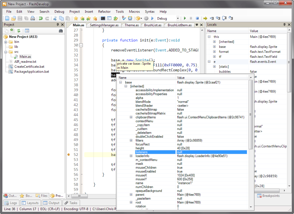 FlashDevelop Variable Inspection